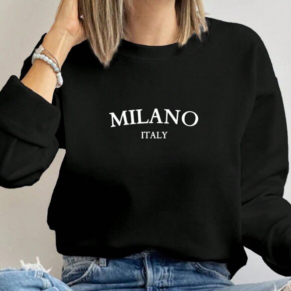 Tops - Black Casual Women's Minimalist Milano Italy Print Loose Fit Sweatshirt